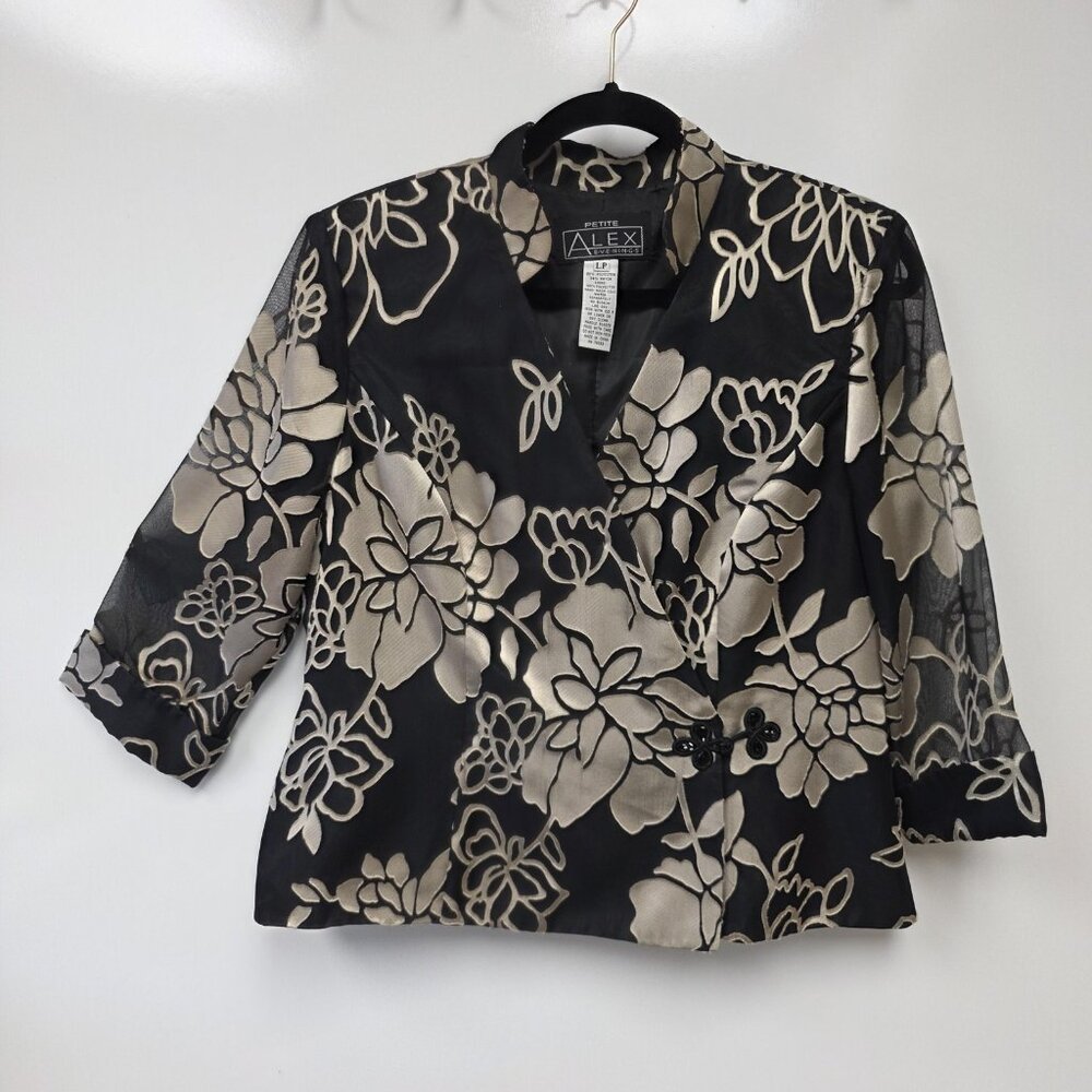Alex Evenings Jacket Womens Petite Large Black Floral Sheer 3/4 Sleeve Lined